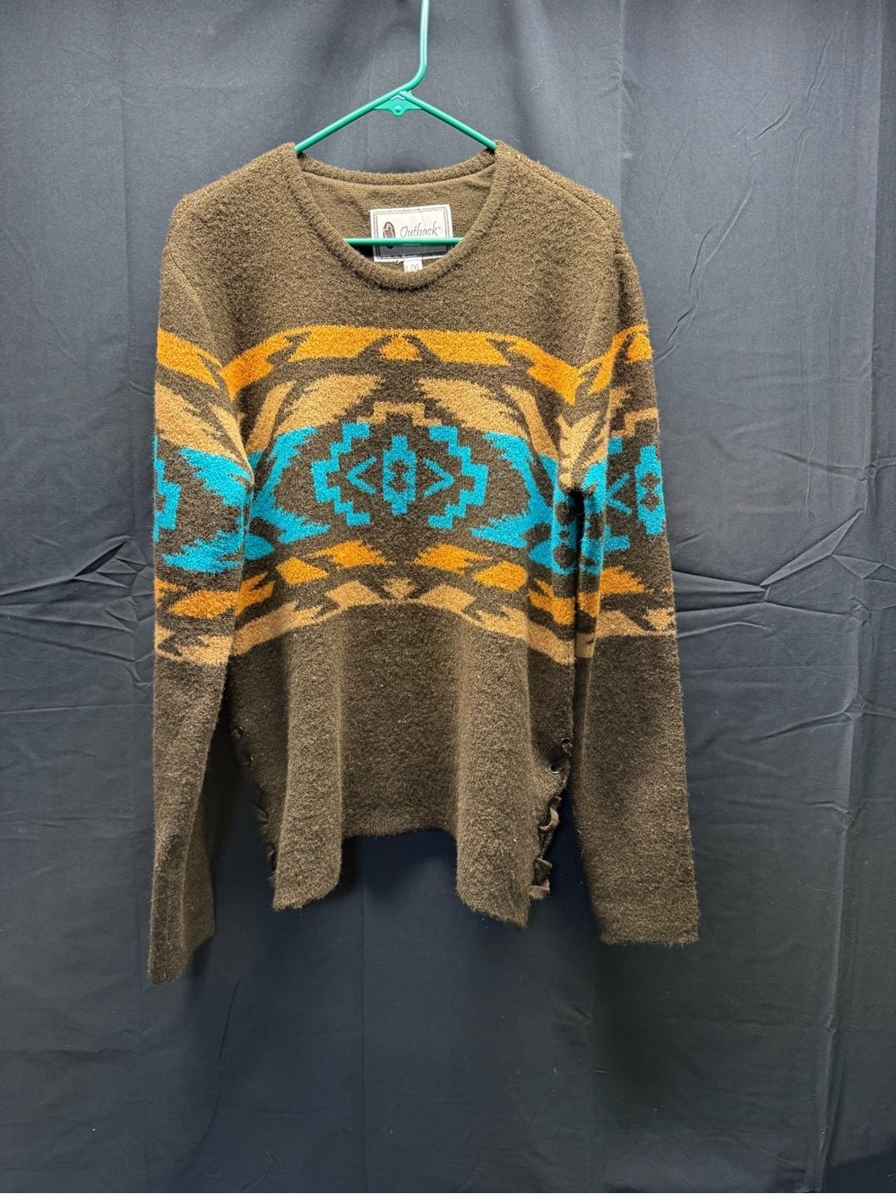 Worn once Outback Brown Aztec Cowl Sweater with Turquoise Accents Sz L/XL (14ax)